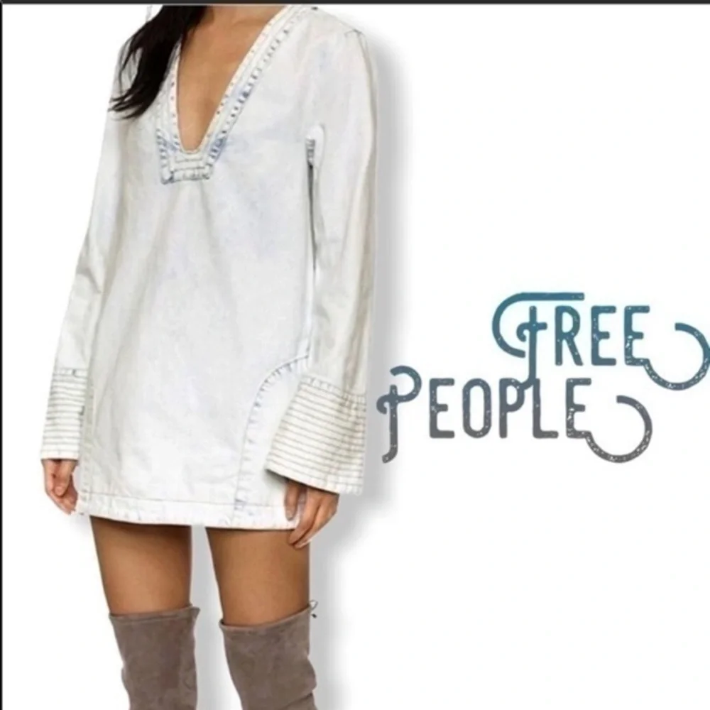 Free People acid wash denim tunic/mini dress - Picture 1 of 7